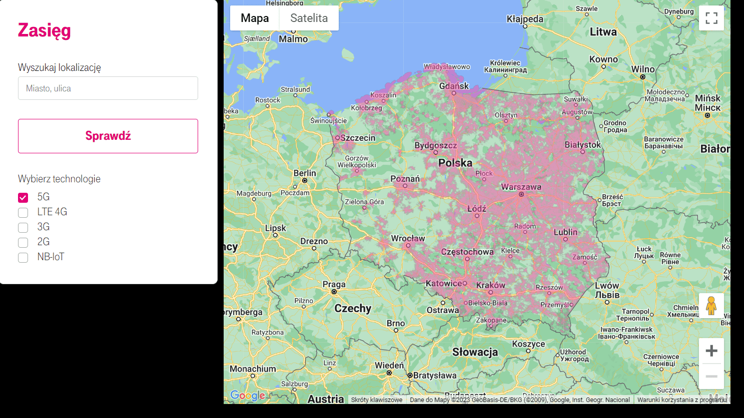 mapa przedstawiająca zasięg internetu 5G w sieci T-Mobile