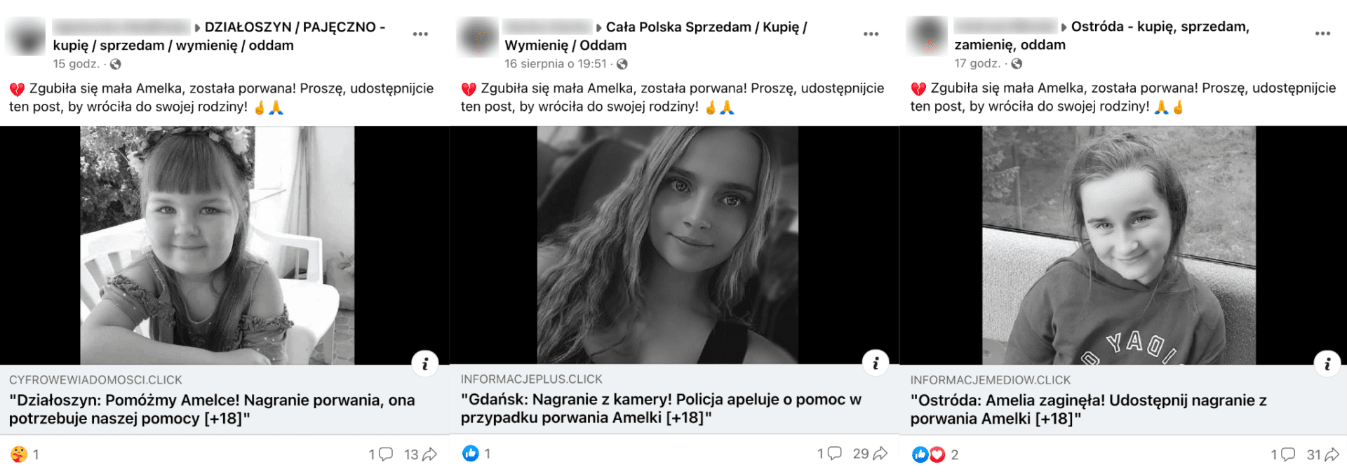 Zrzuty ekranu postów na temat rzekomego porwania Amelki w różnych miejscowościach w Polsce. Widoczna jest identyczna treść postów i zdjęcia różnych dziewczynek.