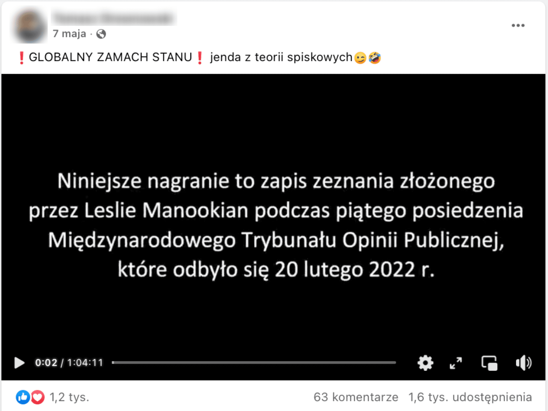 Wpis na profilu zawierający nagranie ze spotkania Międzynarodowego Trybunału Opinii Publicznej. W kadrze na czarnej planszy z białymi napisami jest informacja o dacie posiedzenia