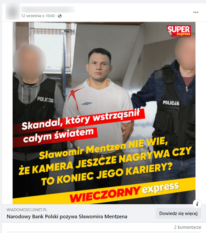Inny wpis Facebooku zawierający zdjęcie przedstawiające rzekomo Sławomira Mentzena aresztowanego przez dwóch policjantów.