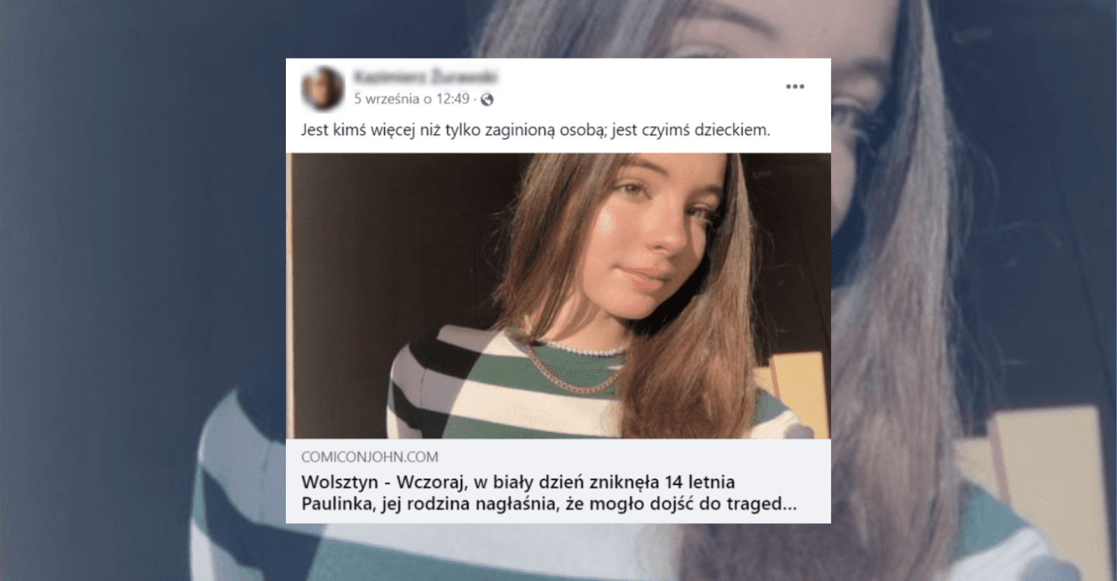Screenshot przedstawiający post ze scamem "na zaginioną nastolatkę"