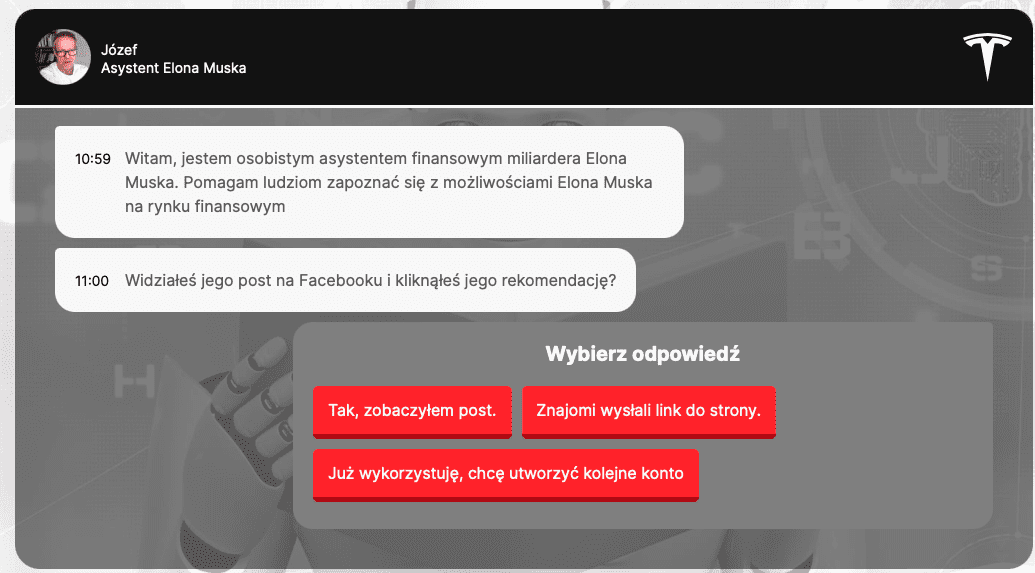 Fragment chatu z asystentem Józefem udającym platformę inwestycyjną Elona Muska