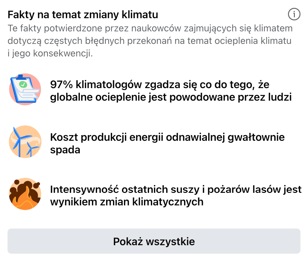 Zrzut ekranu z Centrum nauki o klimacie prowadzonego przez Facebooka.
