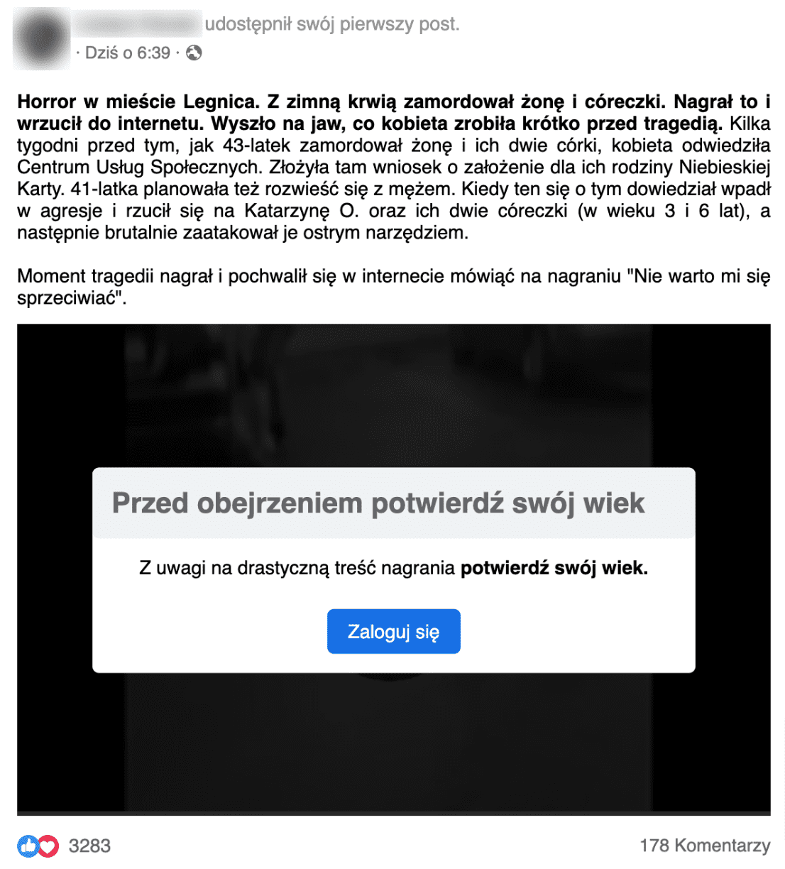 Zrzut ekranu ze strony oszustów podszywającej się pod Facebooka. Widoczna jest informacja o konieczności potwierdzenia swojego wieku przed obejrzeniem „drastycznej treści nagrania”.