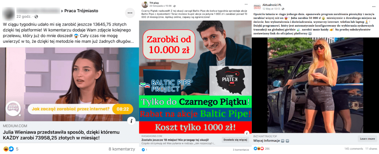 Zrzuty ekranu postów zachęcających do fałszywych inwestycji. Widoczne są przykłady z wykorzystaniem wizerunku Julii Wieniawy, Roberta Lewandowskiego i Julii Nowakowskiej.