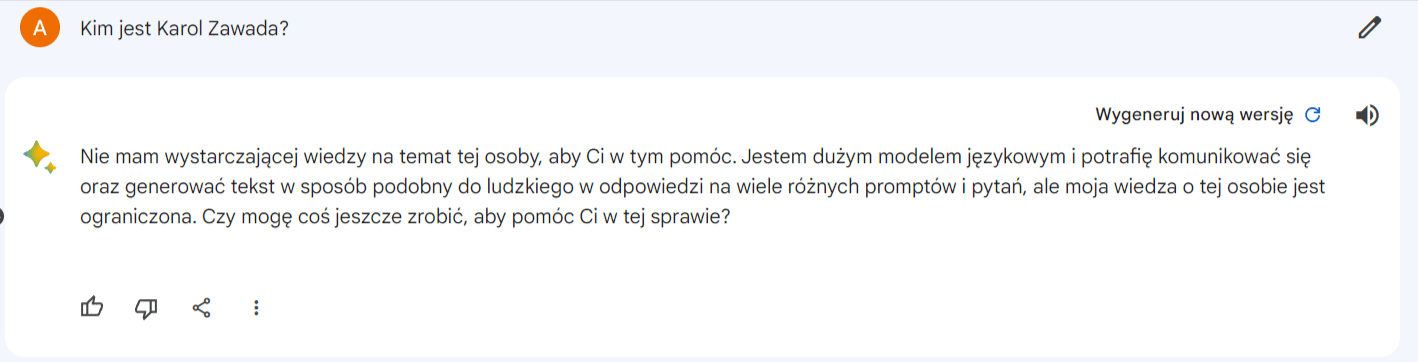 Zrzut ekranu z Google Bard, na którym widać odpowiedź na temat zmyślonej osoby.