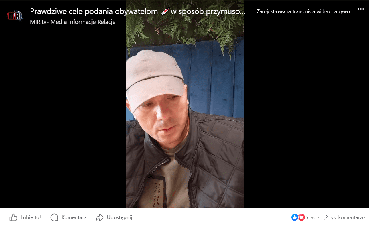Zrzut ekranu z nagrania opublikowanego na profilu MIR.tv – Media Informacje Relacje. Liczba komentarzy: 1,2 tys. Liczba reakcji: 5 tys.