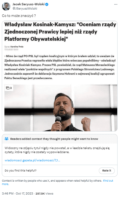 wpis jacka saryusza-wolskiego na twitterze