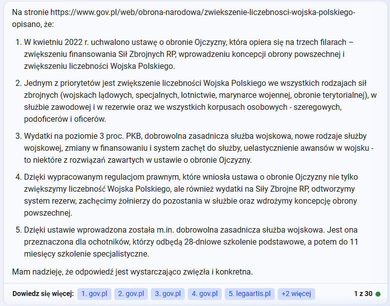 Zrzut ekranu z odpowiedzi w Bing Chat, w której zaprezentowano podsumowanie o jednej z podstron Ministerstwa Obrony Narodowej (MON).