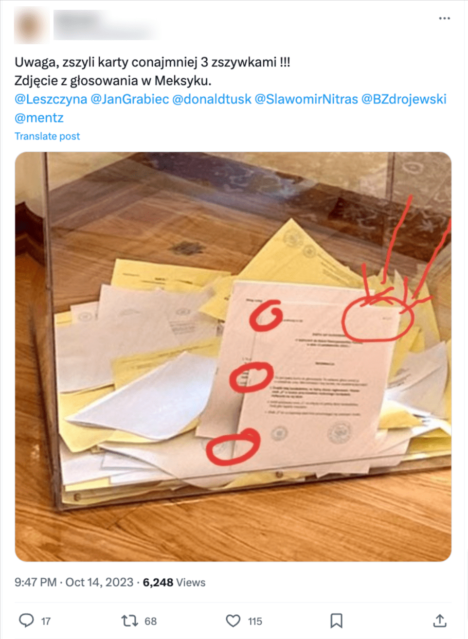 Zrzut ekranu z serwisu X (dawny Twitter). Na niewyraźnej fotografii widać urnę, a w niej karty do głosowania.