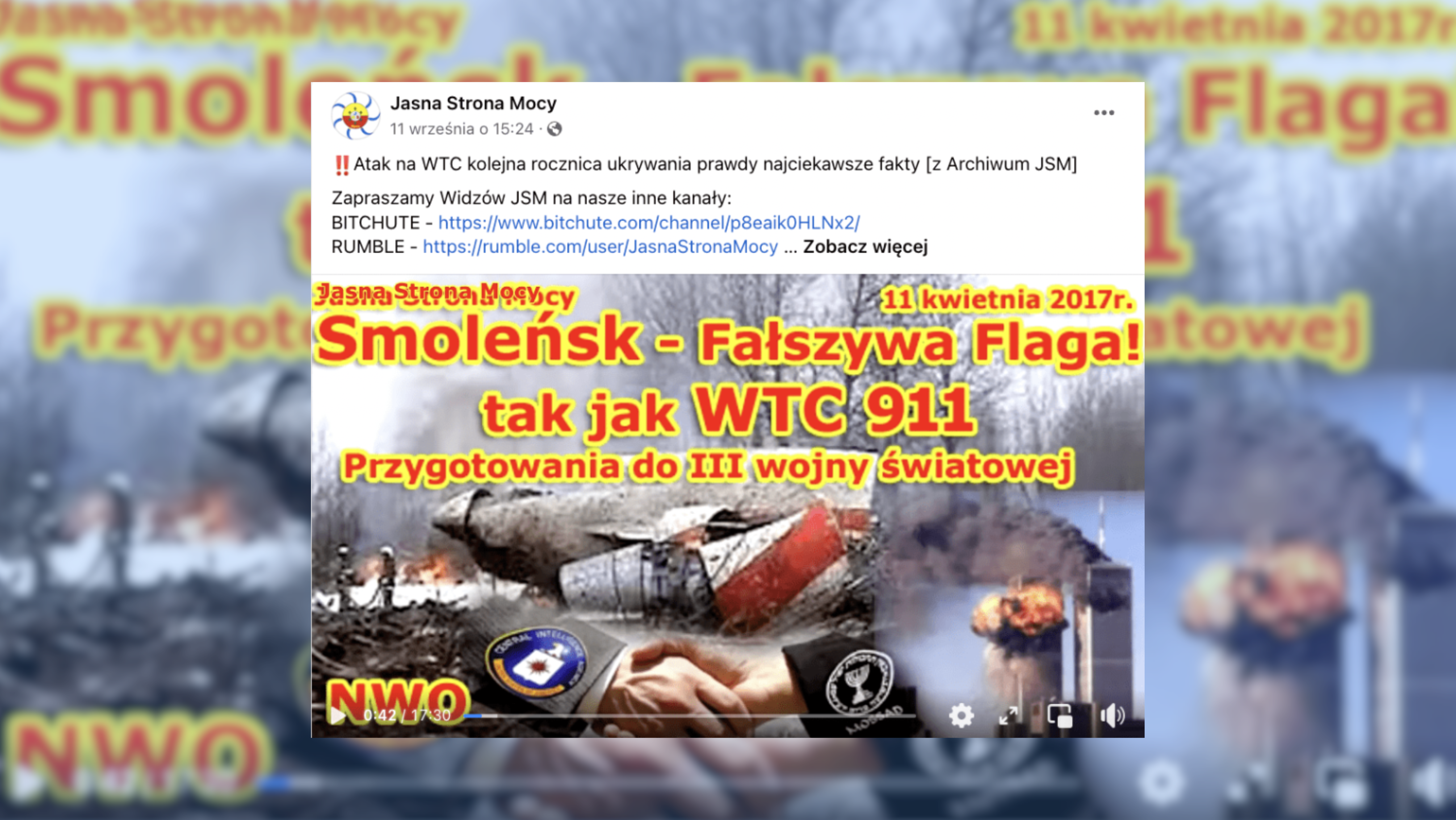 Screenshot posta przedstawiającego nieprawdziwe informacje dotyczące zamachu na WTC i katastrofy smoleńskiej