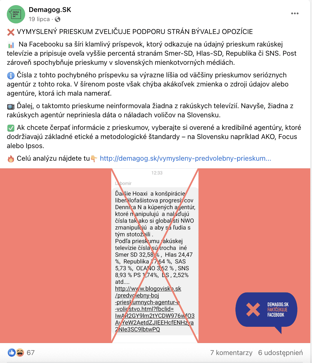 Post na Facebooku opublikowany przez Demagog.SK na temat fałszywego sondażu.
