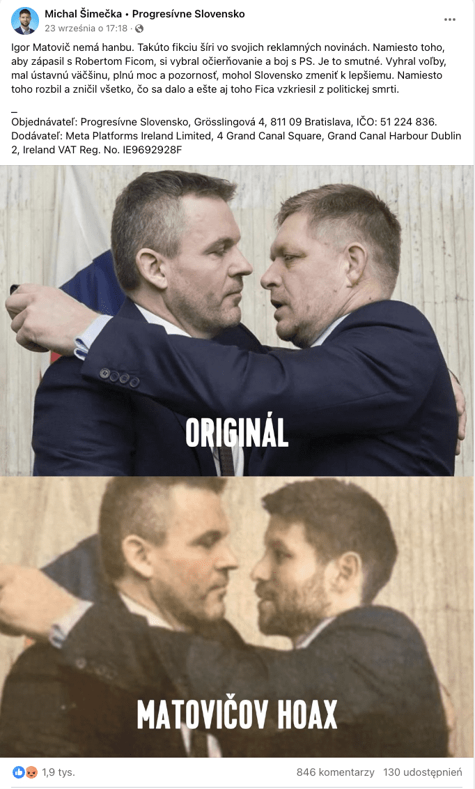 Post na Facebooku Michala Šimečki na temat zmodyfikowanego zdjęcia.