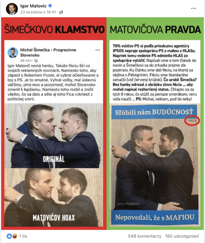 Post na Facebooku, w którym Igor Matovič odnosi się do zarzutu Michala Šimečki.