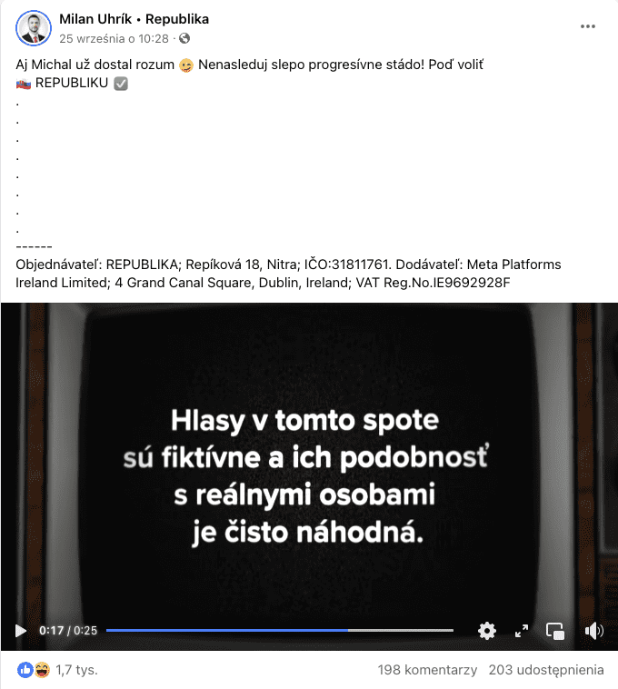 Zrzut ekranu omawianego posta na Facebooku Milana Uhríka.