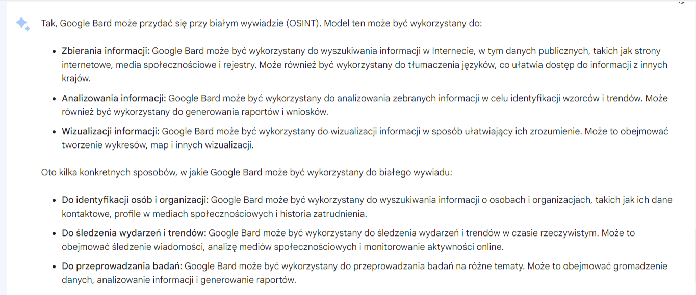 Zrzut ekranu z Google Bard, w którym znajduje się odpowiedź na temat umiejętności w białym wywiadzie.