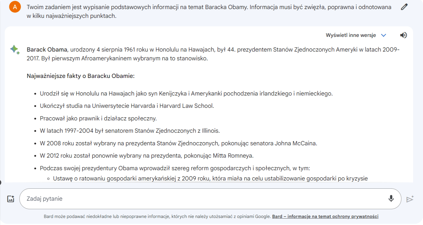 Zrzut ekranu z odpowiedzią Google Bard na temat 44. prezydenta Baracka Obamy.