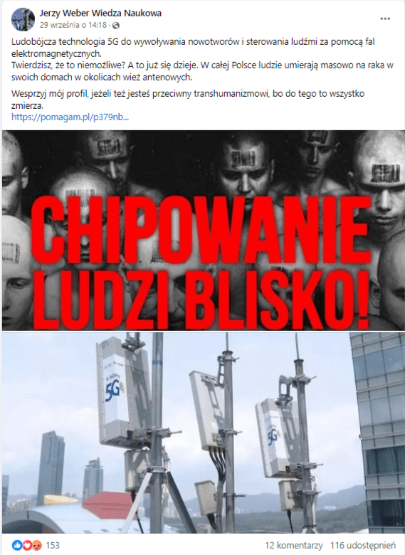Wpis na Facebooku o ludobójczym 5G. Dwie grafiki dołączone do wpisu zawierają zdjęcie ludzi z gołymi głowami, na których umieszczono kod kreskowy, oraz zdjęcie anten 5G na dachu budynku widzianych z perspektywy dachu.