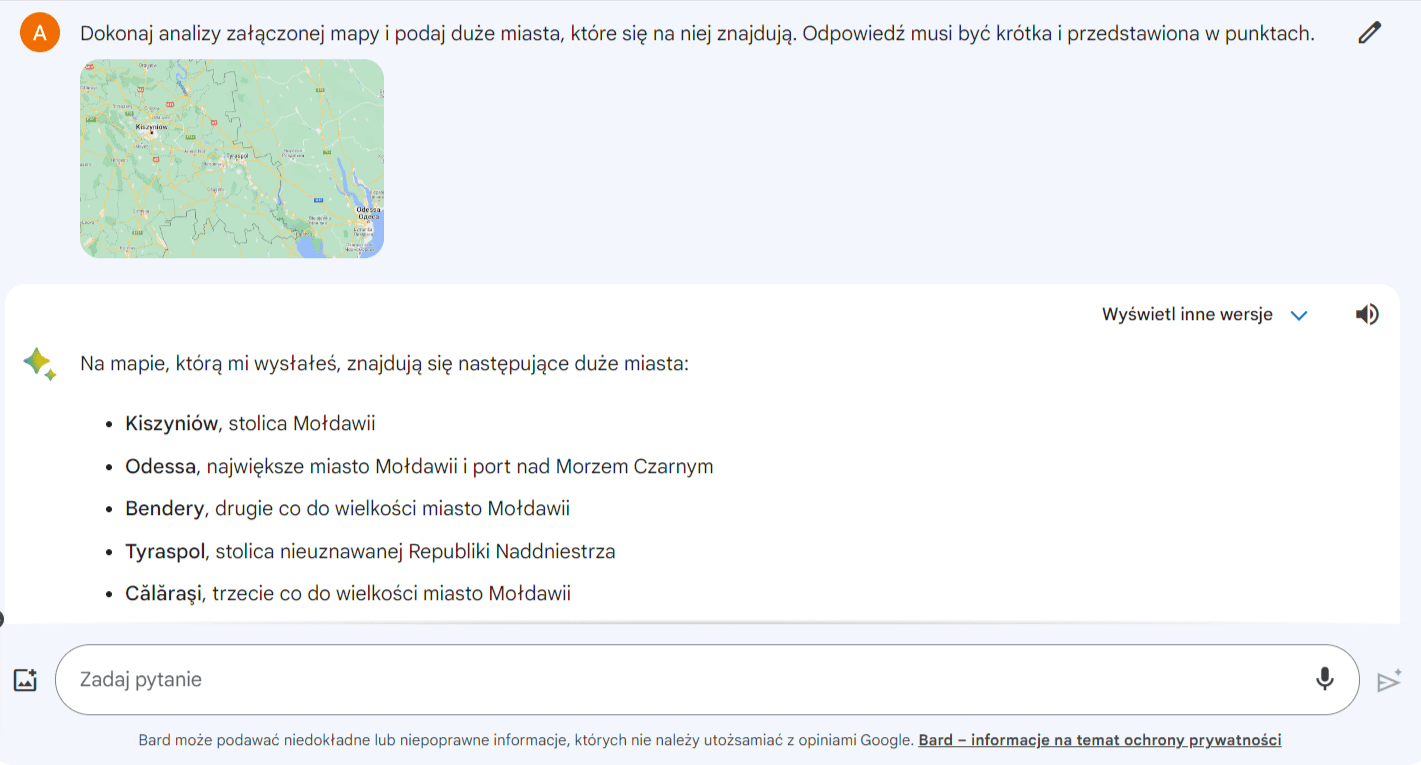 Zrzut ekranu z Google Bard - na zrzucie widać pytanie dot. mapy oraz propozycje chatu.