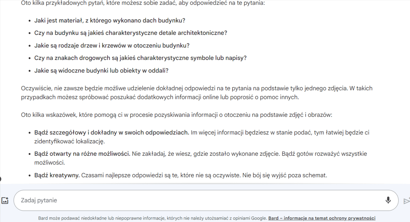 Zrzut ekranu z Google Bard - na zrzucie widać propozycje dot. geolokalizacji.