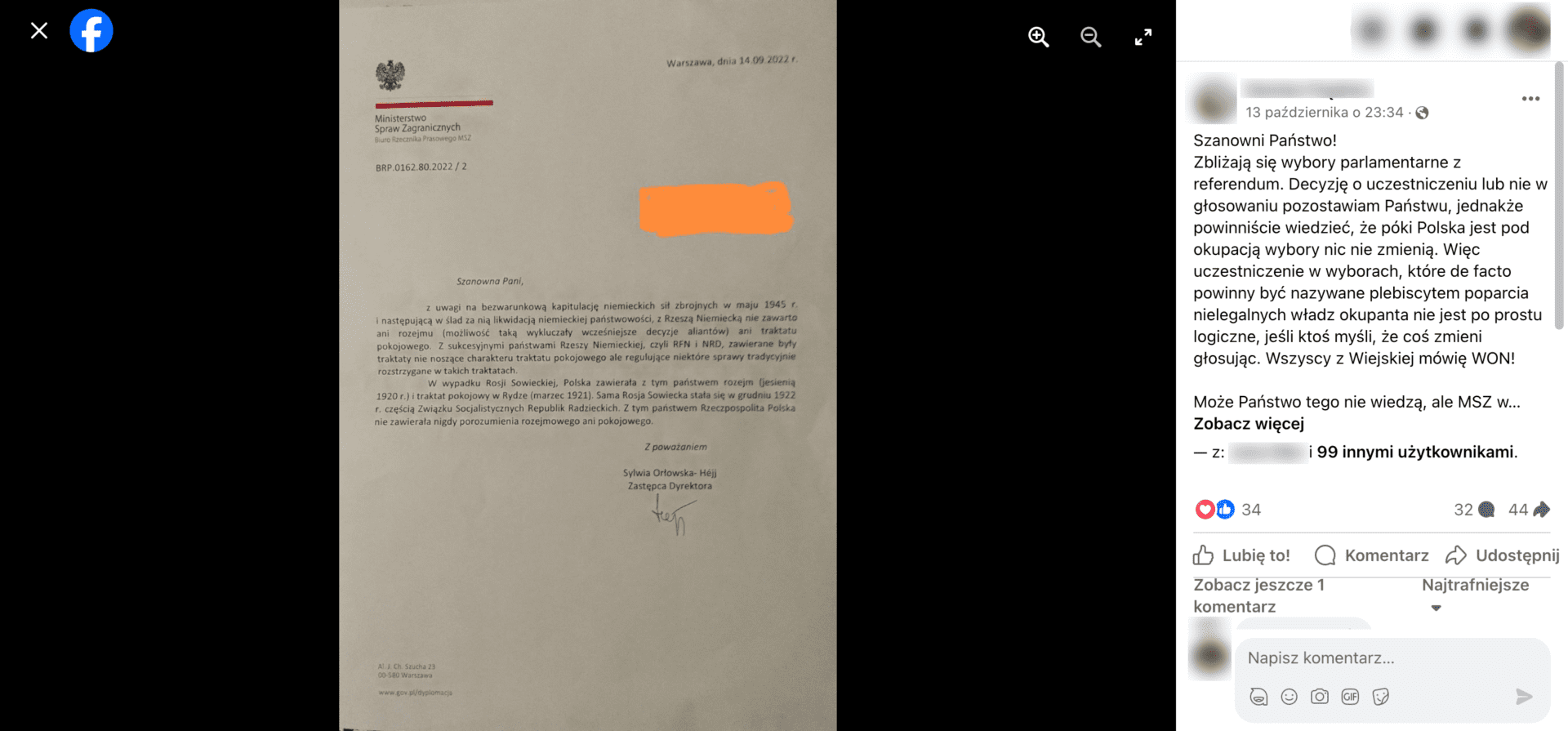 Zrzut ekranu jednego z omawianych postów. Widoczna jest odpowiedź Ministerstwa Spraw Zagranicznych na pytanie o zawarcie z Niemcami rozejmu tudzież traktatu pokojowego.