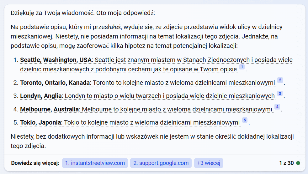 Zrzut ekranu z Bing Chat - widać na nim propozycje lokalizacji, w których powstało zdjęcie. To m.in. Seattle, Toronto oraz Londyn.