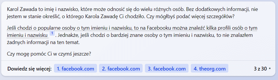 Zrzut ekranu z Bing Chat, na którym widać odpowiedź na temat zmyślonej osoby.