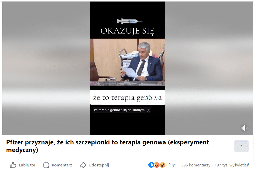 Zrzut ekranu z wpisu na Facebooku, w którym zamieszczono nagranie na temat szczepień przeciw COVID-19 od koncernu Pfizer. Na stopklatce widać senatora, który czyta swoje notatki z kartki.