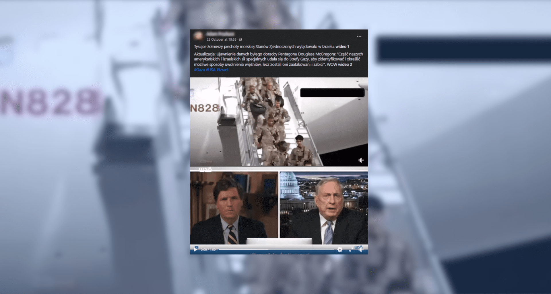 Screenshot wpisu przedstawiającego rzekomy przylot Amerykańskich żołnierzy do Izraela, w rzeczywistości to filmik z lądowania w Rumunii