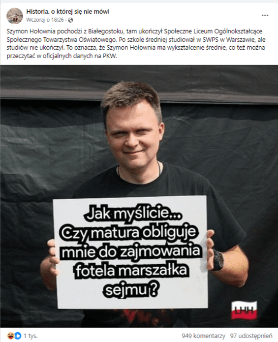 Wpis na Facebooku na którym widać Szymona Hołownię trzymającego białą kartkę z tekstem: „Jak myślicie… czy matura obliguje mnie do zajmowania fotelu marszałka sejmu?”.