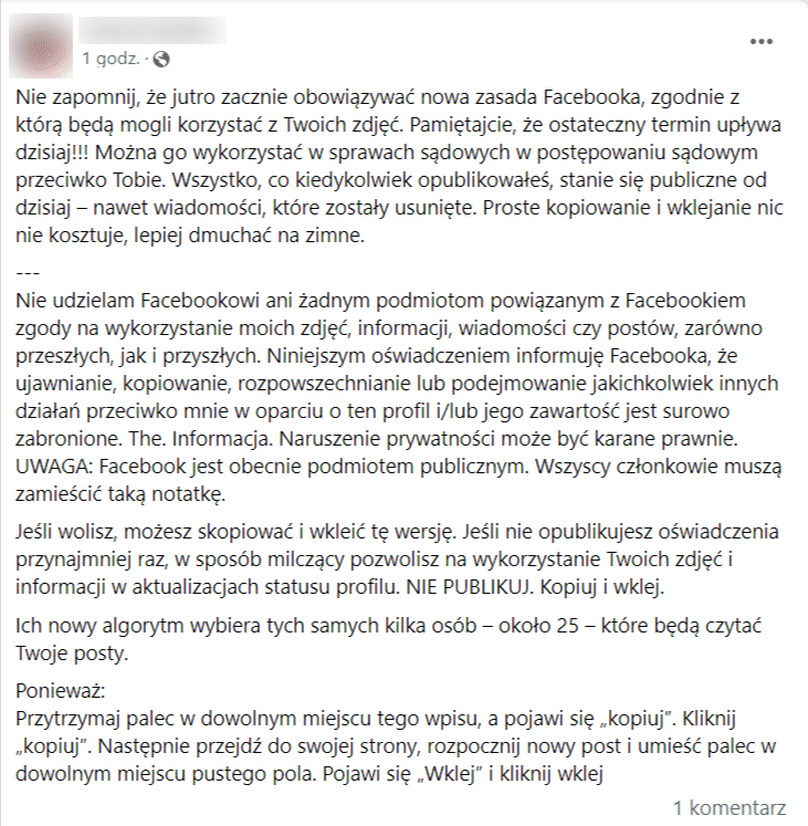 Zrzut ekranu wpisu na Facebooku, w którym zamieszczono internetowy łańcuszek z wyrażeniem sprzeciwu wobec domniemanych nowych zasad Facebooka.