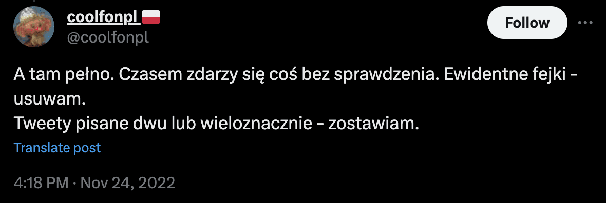 Post konta Coolfonpl dotyczący fałszywych treści