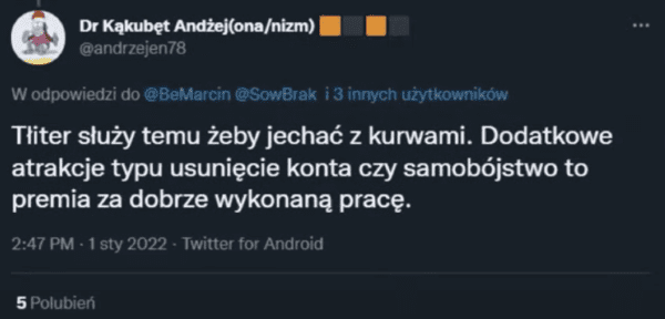 Obraźliwy wpis dotyczący trollingu i jego ofiar