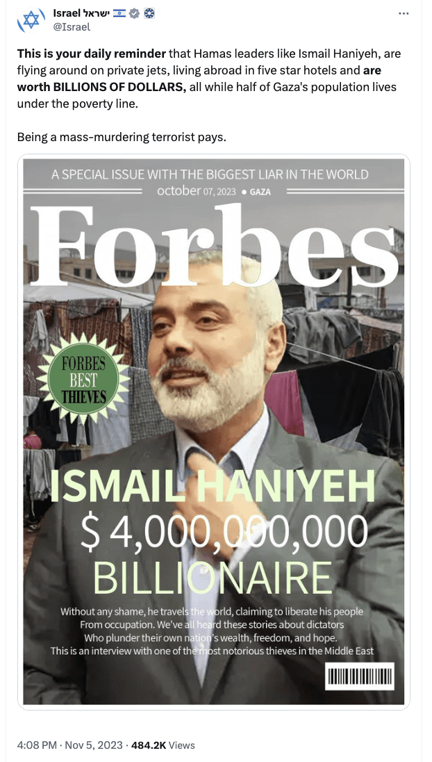 Zrzut ekranu z Twittera. Na zdjęciu inna fałszywa okładka magazynu „Forbes” z Chalidem Maszalem.