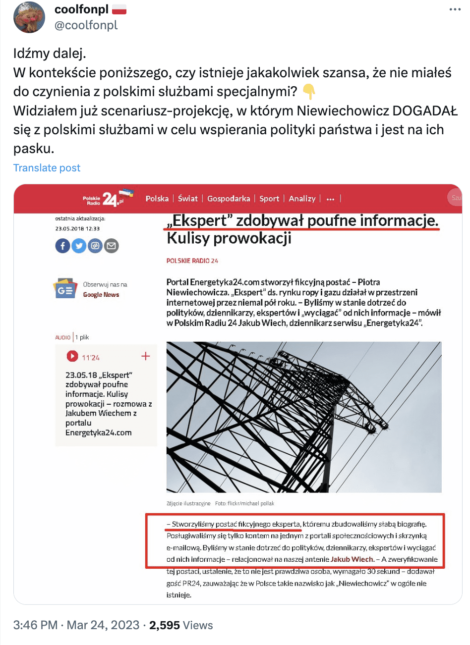 Post sugerujący powiązania Wiecha ze służbami