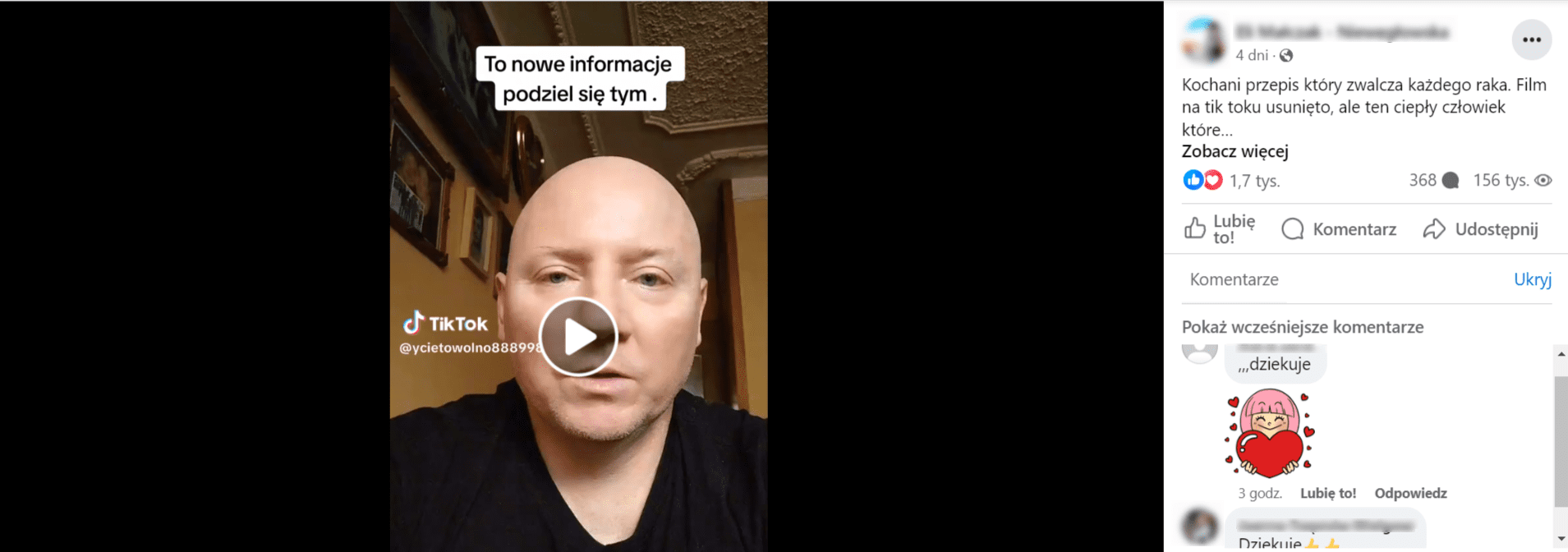 Zrzut ekranu z nagrania na Facebooku. Na nagraniu widoczny napis: „To nowe informacje podziel się tym”. Liczba reakcji: 1,7 tys., liczba komentarzy: 368, liczba wyświetleń: 156 tys.