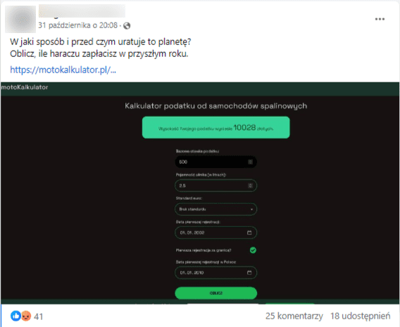 Wpis na Facebooku ze zrzutem ekranu ze strony umożliwiającej rzekomo obliczenie stawki podatkowej za posiadanie samochodu spalinowego.