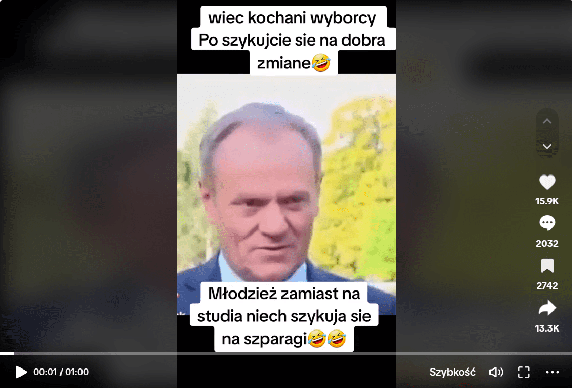 Zrzut ekranu z posta na TikToku. Donald Tusk wypowiadający się na temat swoich rzekomych planów, które będzie realizował po objęciu urzędu premiera. 15,9 tys. polubień, 2032 komentarze, 2742 zapisy i 13,3 tys. udostępnień. 