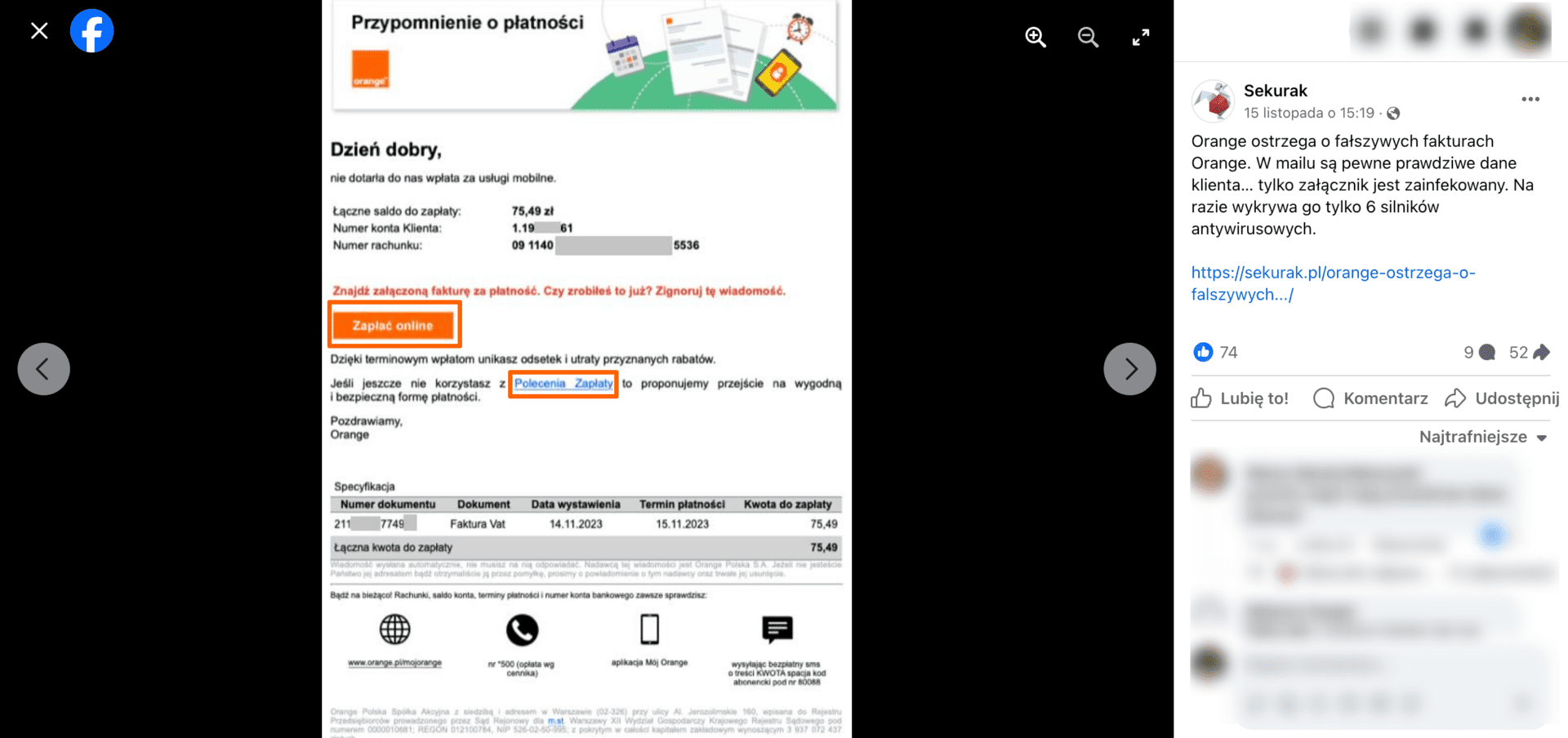 Zrzut ekranu posta opublikowanego na Facebooku przez Sekurak. Widoczny jest mail oszustów.