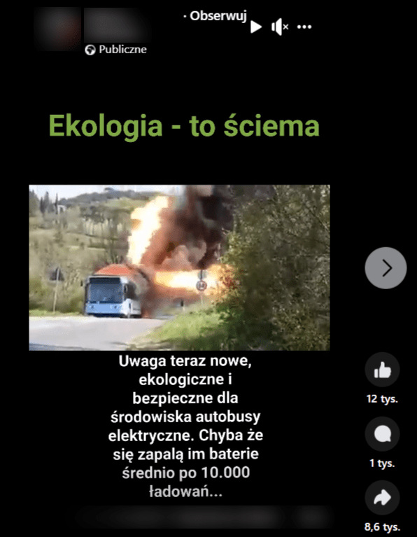 Zrzut ekranu nagrania na Facebooku. Przedstawia płonący autobus, a także drogę, na której się znajduje. Widzimy również drzewa oraz pagórki. 12 tys. reakcji, 1 tys. komentarzy, 8,6 tys. udostępnień. 