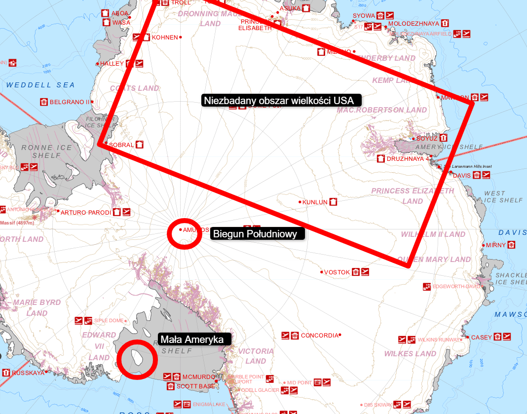 Mapa Antarktydy z zaznaczoną bazą antarktyczną admirała Byrda, biegunem południowym i niezbadanym obszarem w czasie kiedy admirał Byrd dokonywał ekspedycji.
