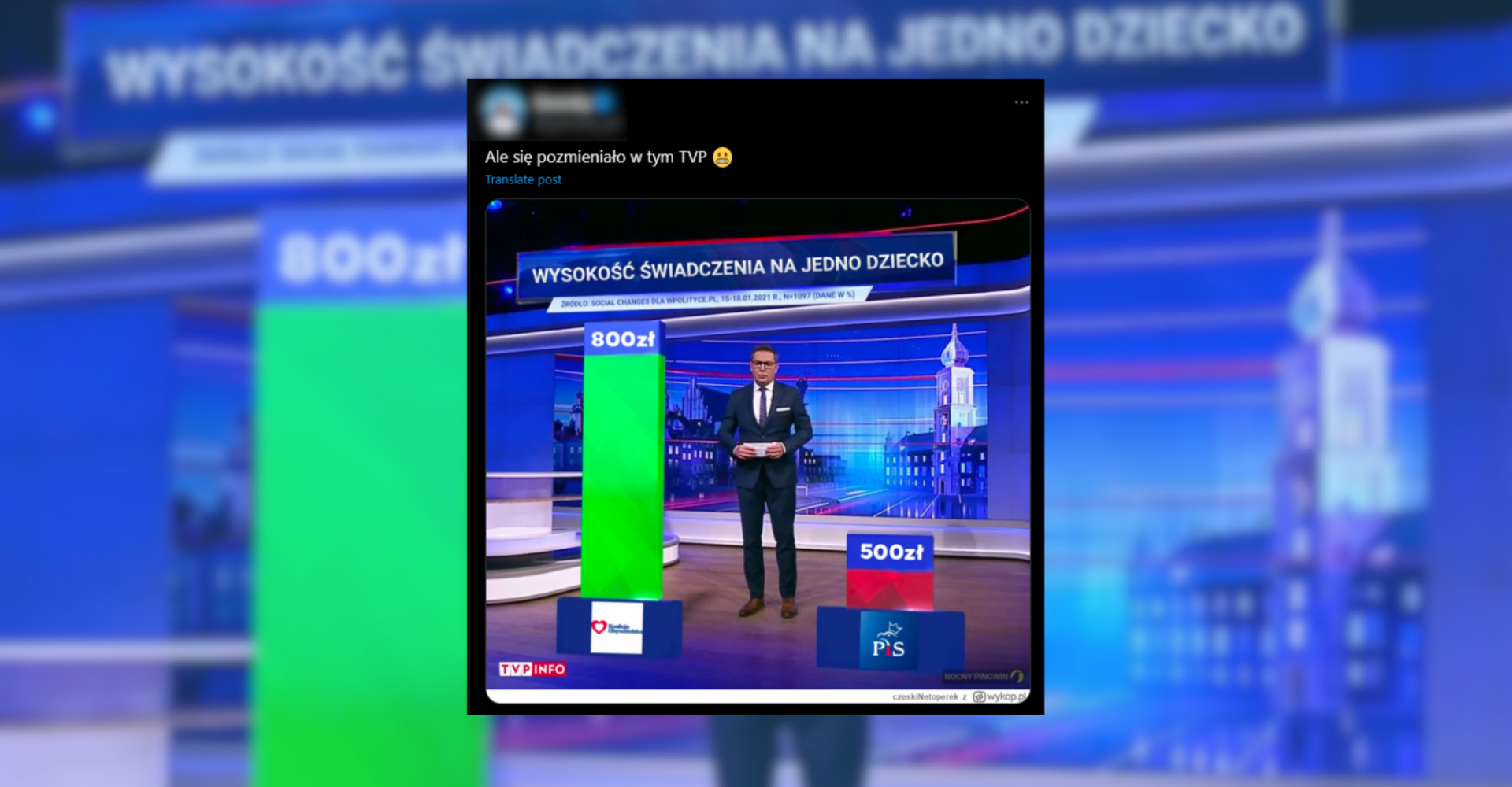 Screenshot posta przedstawiającego przerobiony wykres, który rzekomo miał być pokazany w TVP