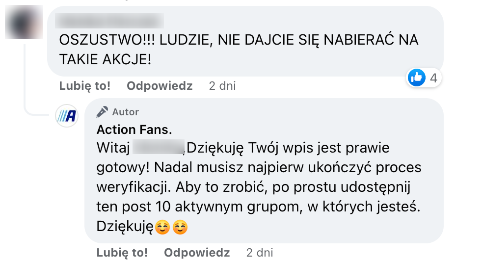 Zrzut ekranu komentarzy pod fałszywym postem. W jednym użytkownik ostrzega przed oszustwem, w drugim oszuści odpowiadają mu, że może zdobyć nagrodę.