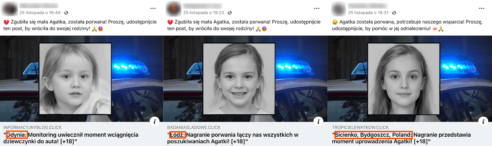 Zrzuty ekranu fałszywych postów na temat rzekomego zaginięcia Agatki. Widoczne są zakreślone różne miejscowości, w których miała być porwana dziewczynka.