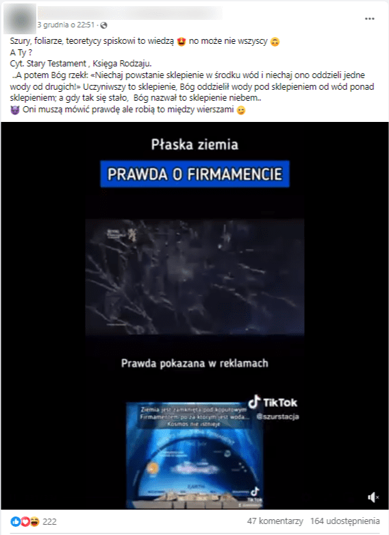 Zrzut ekranu posta z omawianym nagraniem. Widoczni są przedstawiciele rządu USA oraz grafika z wizualizacją płaskiej Ziemi.