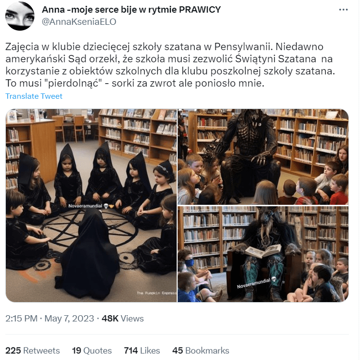 Zrzut ekranu – wpis na X (dawniej Twitter), na którym widać wygenerowane obrazy z rzekomymi zajęciami szkoły szatana. Na obrazach dzieci uczą się w towarzystwie osoby przebranej za szatana. Na wpis zareagowało ponad 700 osób.