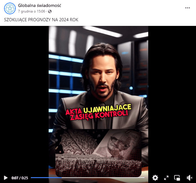 Zrzut ekranu – wpis na Facebooku na profilu Globalna Świadomość, gdzie użyto wizerunku aktora do przekazywania teorii spiskowych na temat rzeczywistości.