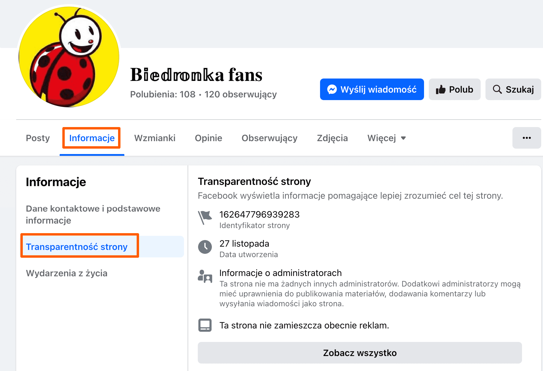 Zrzut ekranu konta podszywającego się pod firmę Biedronka. Widoczna jest zakładka „transparentność strony”.