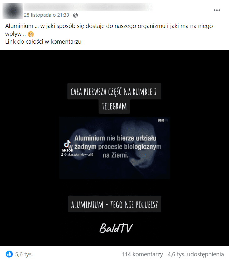 Zrzut ekranu posta na Facebooku wraz z nagraniem dotyczącym dodawania aluminium do szczepionek. 5,6 tys. reakcji, 114 komentarzy, 4,6 tys. udostępnień.