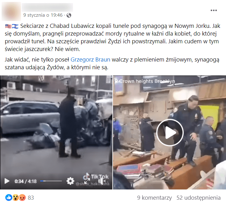 Zrzut ekranu posta na Facebooku. Przedstawia interwencję policji w siedzibie organizacji Chabad-Lubavitch. 83 reakcje, 9 komentarzy, 52 udostępnienia.